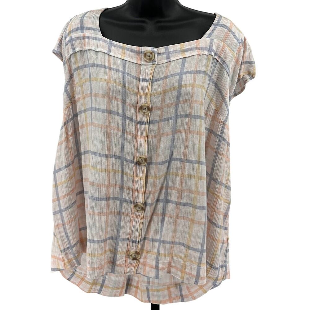 Angels Forever Young Blouse WMNS 2X Checkered Button Up Cream Pink Square Neck